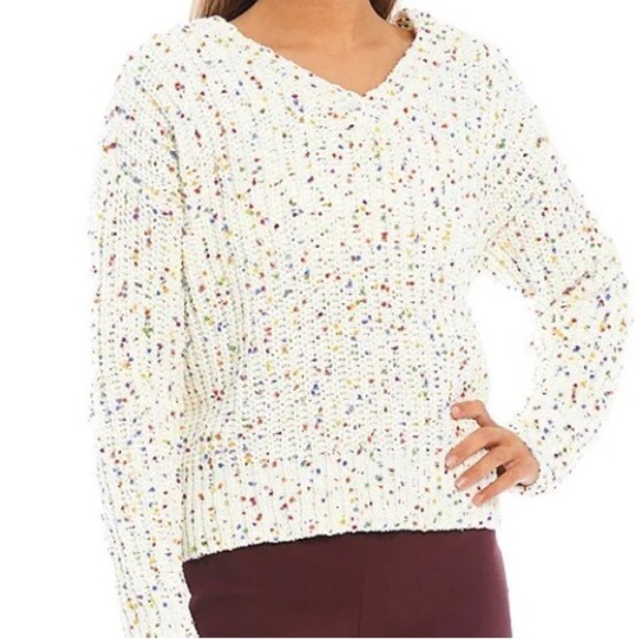 I.N. San Francisco NWT XL White Rainbow Confetti Chenille V-Neck Sweater Knit - Picture 3 of 11